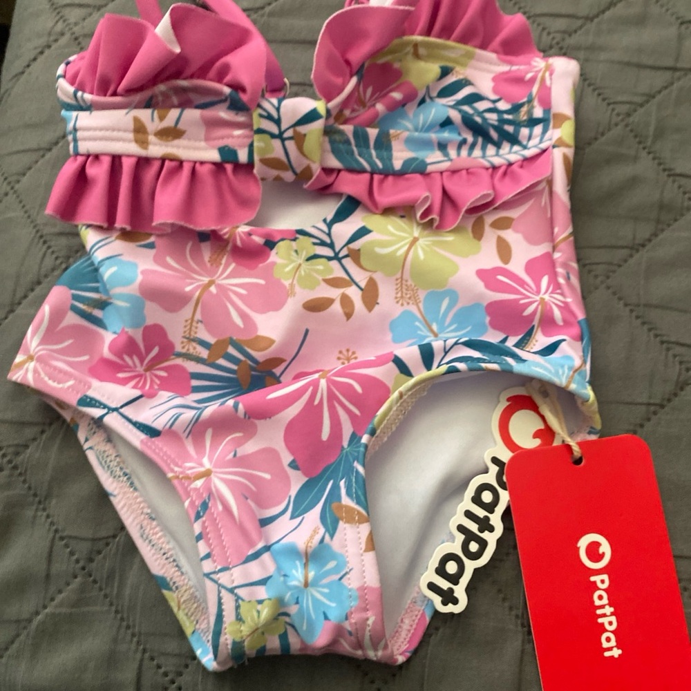 PatPat Pink and Blue Floral Swimsuit with Ruffles